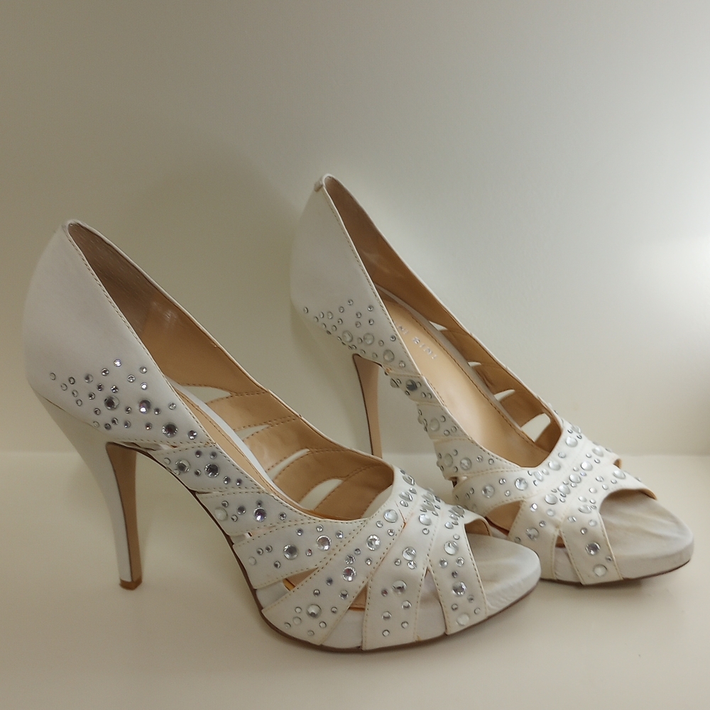 Gianni Bini White Peep-Toe Heels with Rhinestones